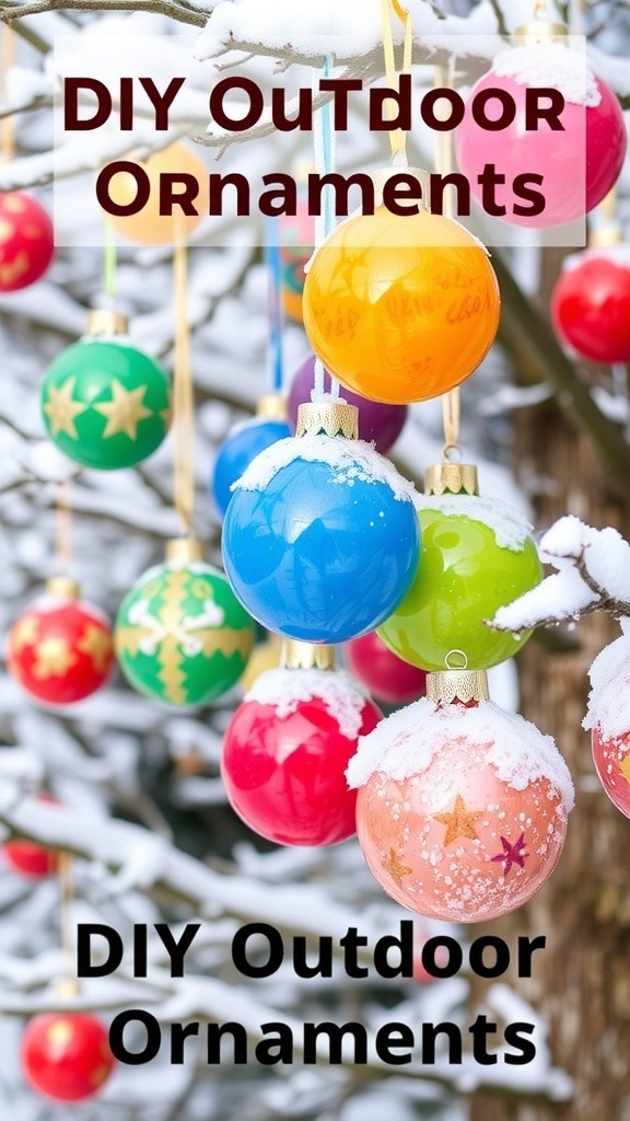Colorful DIY outdoor Christmas ornaments hanging on a snow-covered tree.